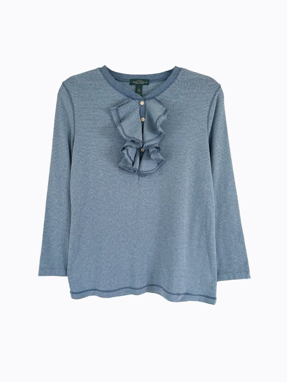 Vtg LRL Striped Ruffle Henley Top Med Blue Cotton Y2K Coastal Cottagecore Twee